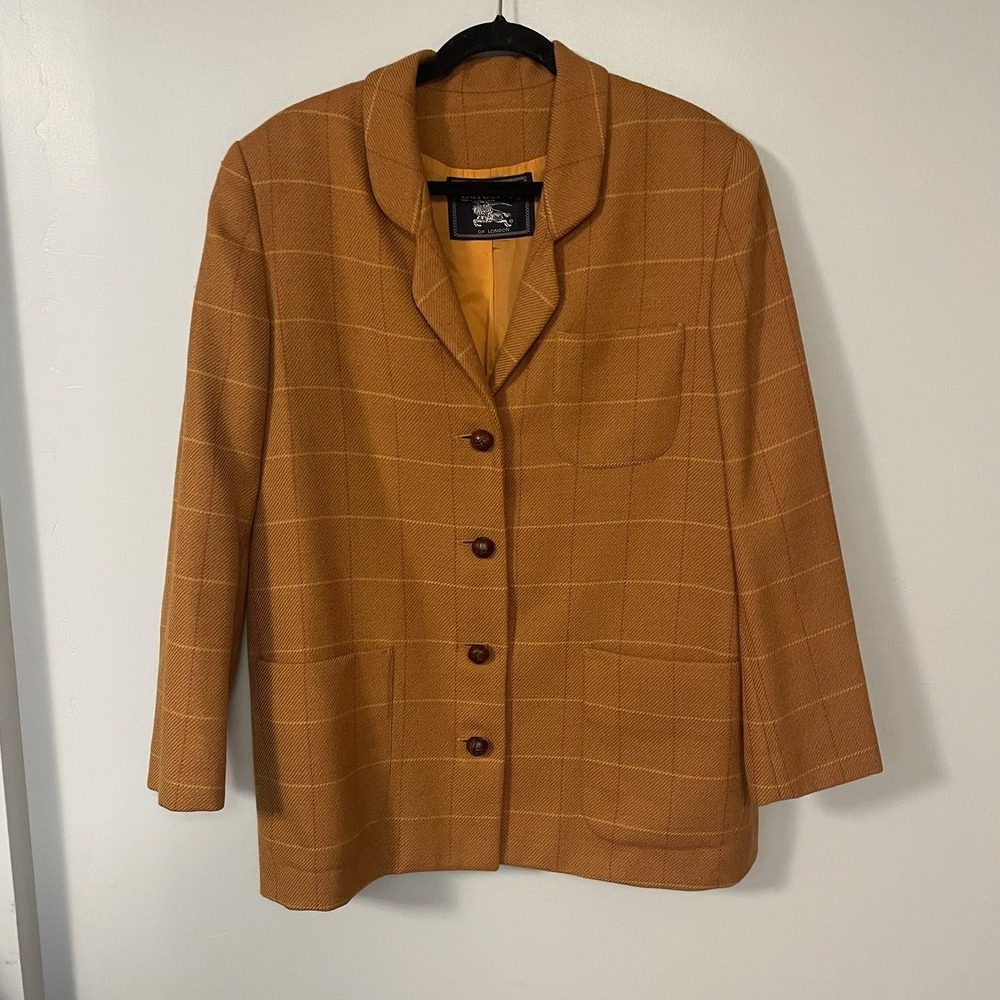 Vintage BURBERRYS of London Woman Size 12 Blazer 90s Wool Leather Button Plaid